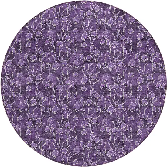8' Purple Eggplant And Ivory Round Floral Washable Indoor Outdoor Area Rug Photo 2
