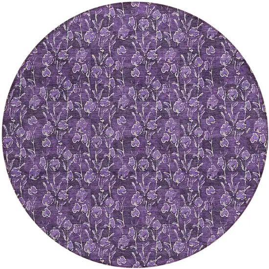 8' Purple Eggplant And Ivory Round Floral Washable Indoor Outdoor Area Rug Photo 2