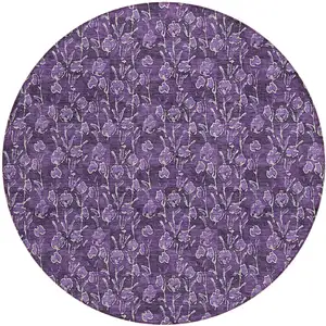 Photo of 8' Purple Eggplant And Ivory Round Floral Washable Indoor Outdoor Area Rug