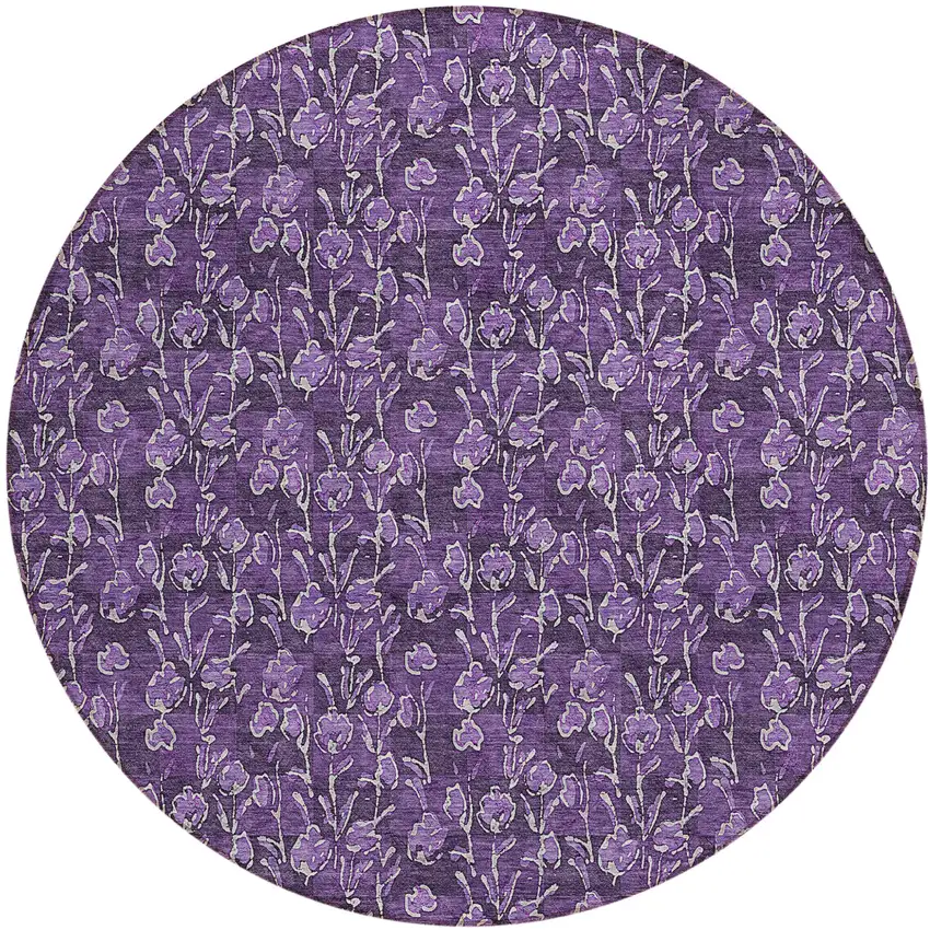 8' Purple Eggplant And Ivory Round Floral Washable Indoor Outdoor Area Rug Photo 2