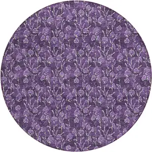 Photo of 8' Purple Eggplant And Ivory Round Floral Washable Indoor Outdoor Area Rug