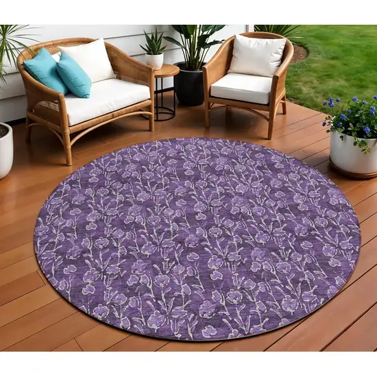 8' Purple Eggplant And Ivory Round Floral Washable Indoor Outdoor Area Rug Photo 2