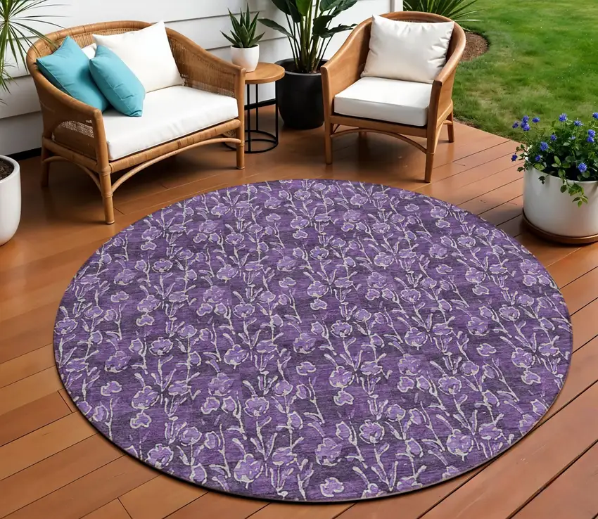 8' Purple Eggplant And Ivory Round Floral Washable Indoor Outdoor Area Rug Photo 2