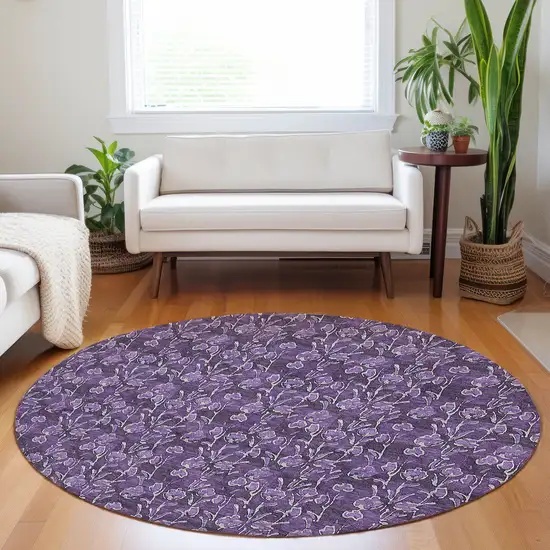 8' Purple Eggplant And Ivory Round Floral Washable Indoor Outdoor Area Rug Photo 6