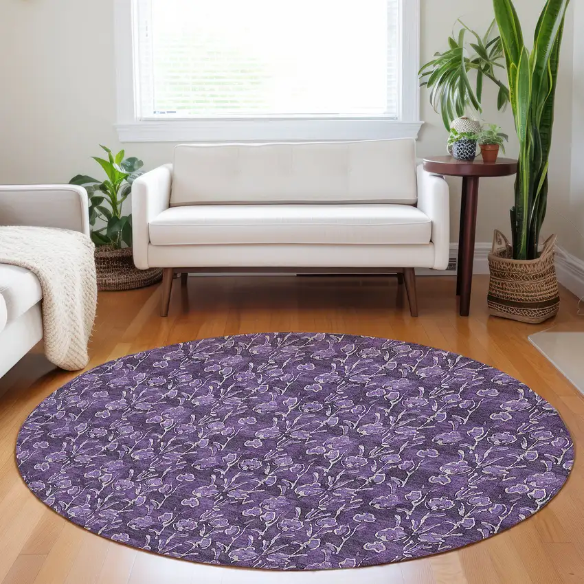 8' Purple Eggplant And Ivory Round Floral Washable Indoor Outdoor Area Rug Photo 6