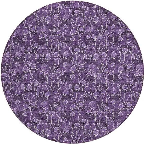 8' Purple Eggplant And Ivory Round Floral Washable Indoor Outdoor Area Rug Photo 3