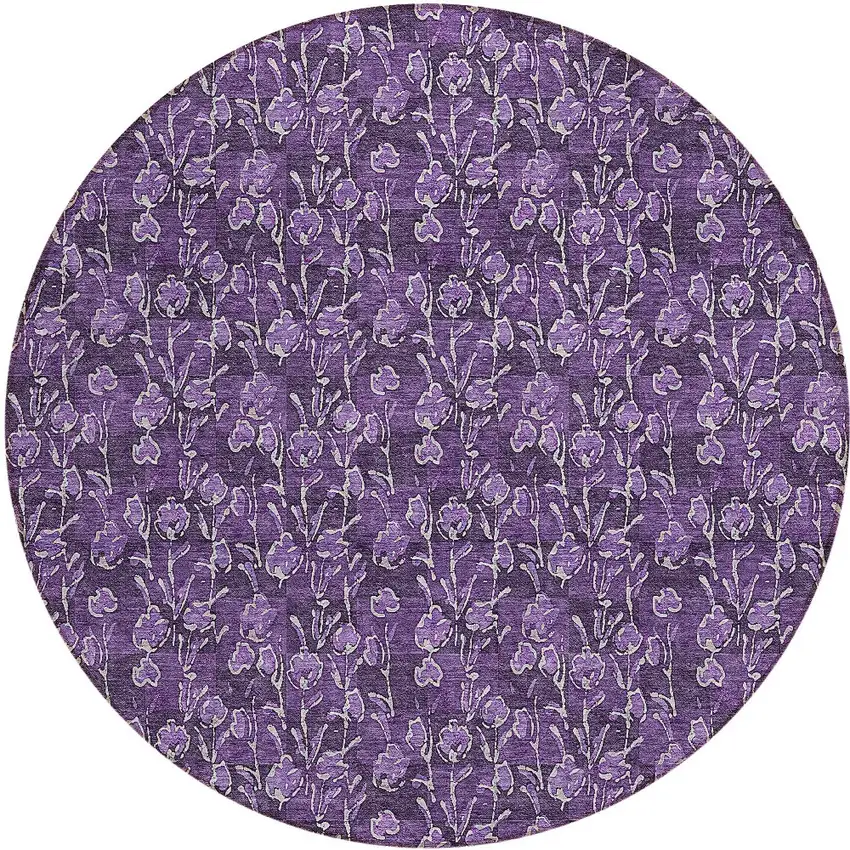 8' Purple Eggplant And Ivory Round Floral Washable Indoor Outdoor Area Rug Photo 3
