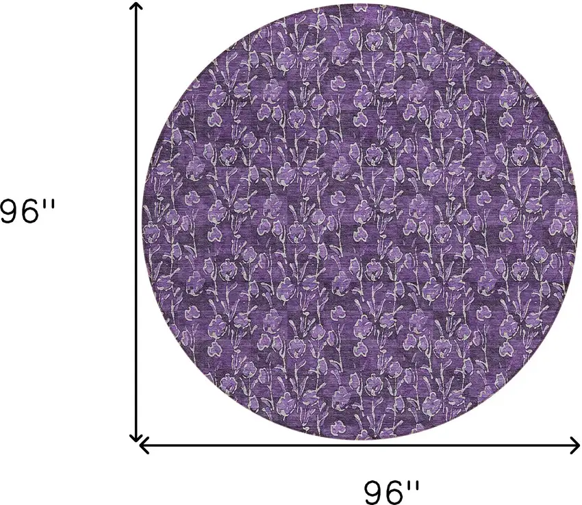 8' Purple Eggplant And Ivory Round Floral Washable Indoor Outdoor Area Rug Photo 7