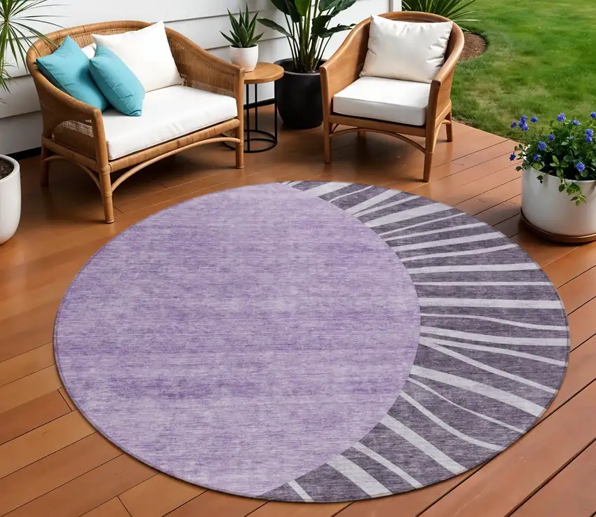 8' Purple Eggplant And Lavender Round Abstract Washable Indoor Outdoor Area Rug Photo 1