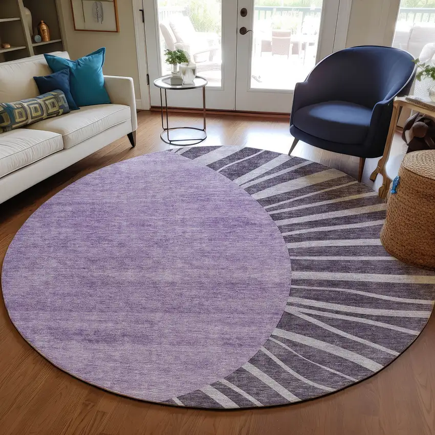 8' Purple Eggplant And Lavender Round Abstract Washable Indoor Outdoor Area Rug Photo 8