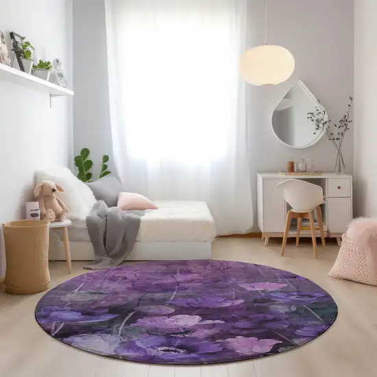 8' Purple Eggplant And Lavender Round Floral Washable Indoor Outdoor Area Rug Photo 6