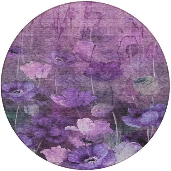 8' Purple Eggplant And Lavender Round Floral Washable Indoor Outdoor Area Rug Photo 4