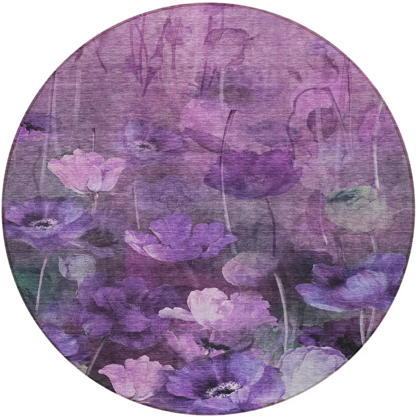 8' Purple Eggplant And Lavender Round Floral Washable Indoor Outdoor Area Rug Photo 4