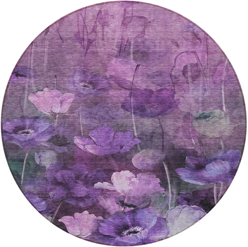 8' Purple Eggplant And Lavender Round Floral Washable Indoor Outdoor Area Rug Photo 4