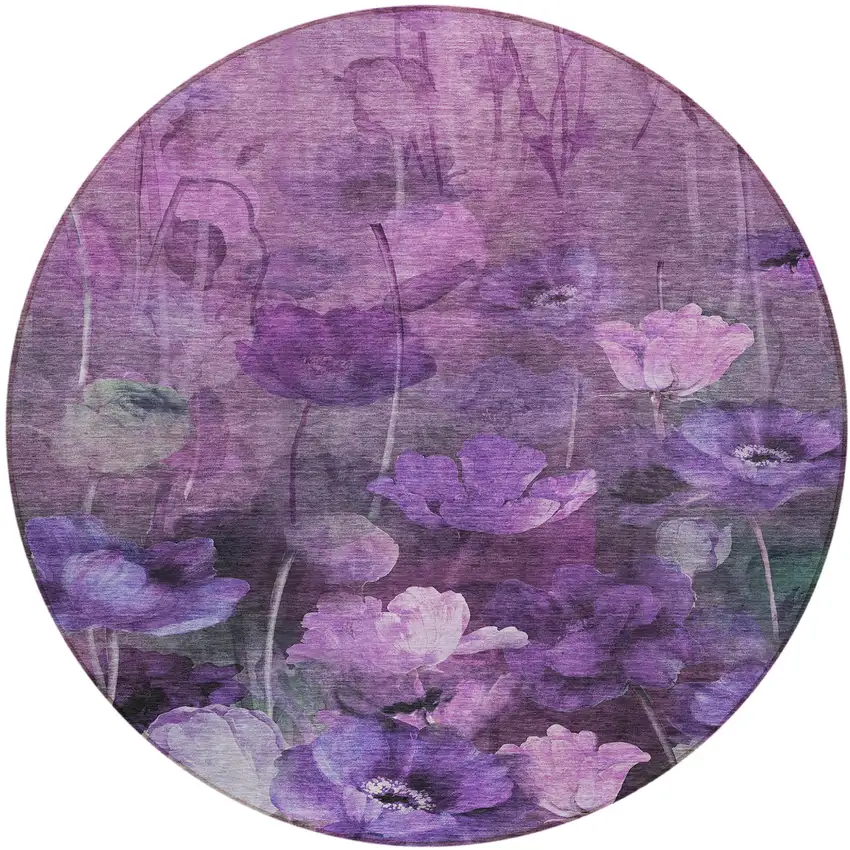 8' Purple Eggplant And Lavender Round Floral Washable Indoor Outdoor Area Rug Photo 2