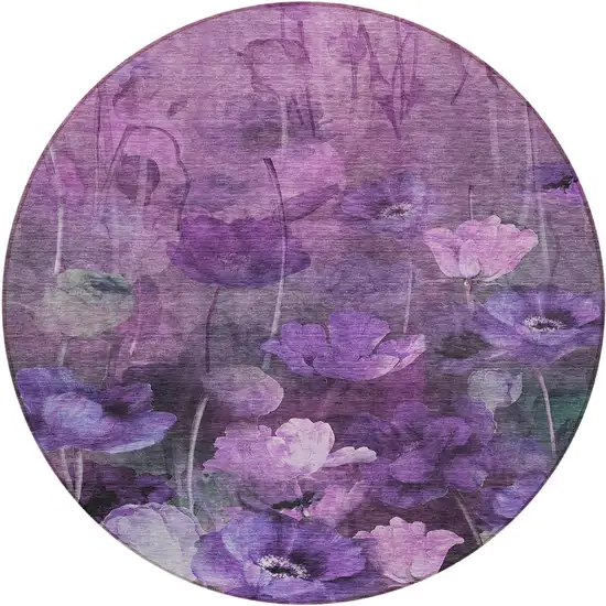 8' Purple Eggplant And Lavender Round Floral Washable Indoor Outdoor Area Rug Photo 2