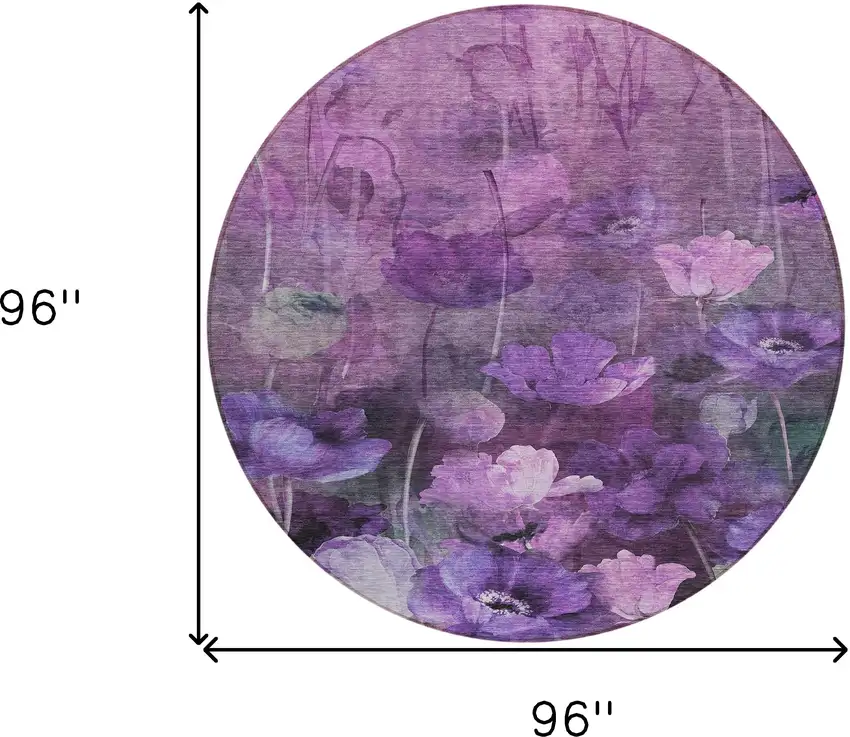 8' Purple Eggplant And Lavender Round Floral Washable Indoor Outdoor Area Rug Photo 3