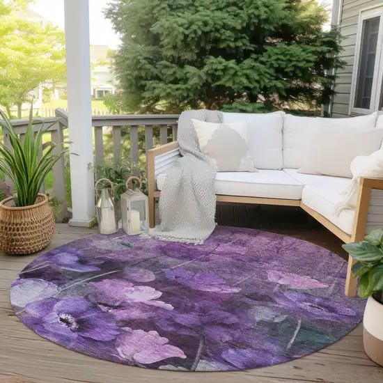 8' Purple Eggplant And Lavender Round Floral Washable Indoor Outdoor Area Rug Photo 5