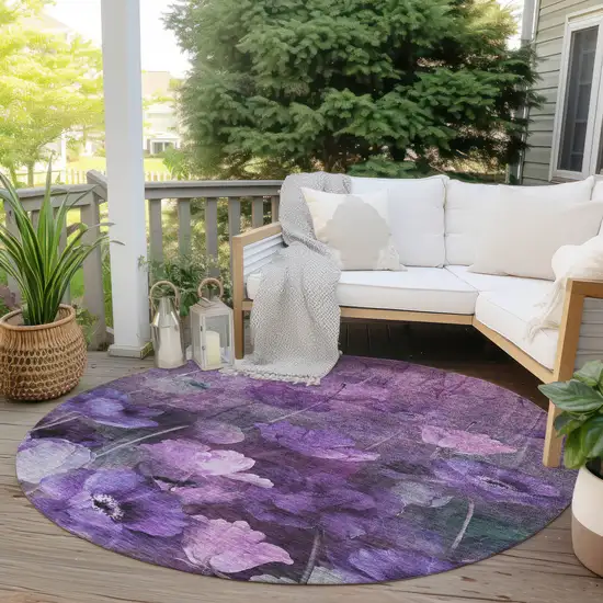 8' Purple Eggplant And Lavender Round Floral Washable Indoor Outdoor Area Rug Photo 5