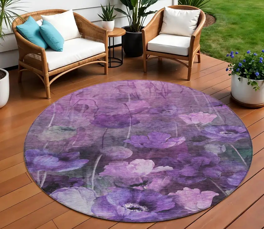 8' Purple Eggplant And Lavender Round Floral Washable Indoor Outdoor Area Rug Photo 1