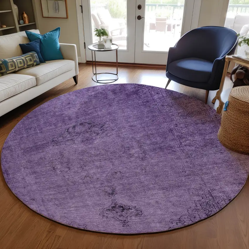 8' Purple Eggplant And Lavender Round Oriental Washable Indoor Outdoor Area Rug Photo 7