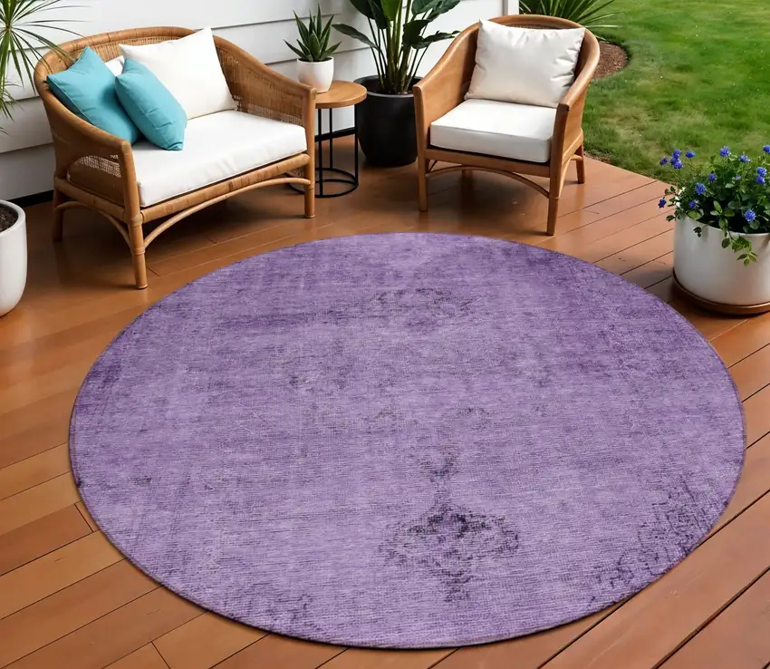 8' Purple Eggplant And Lavender Round Oriental Washable Indoor Outdoor Area Rug Photo 1