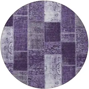 Photo of 8' Purple Eggplant And Lavender Round Patchwork Washable Indoor Outdoor Area Rug
