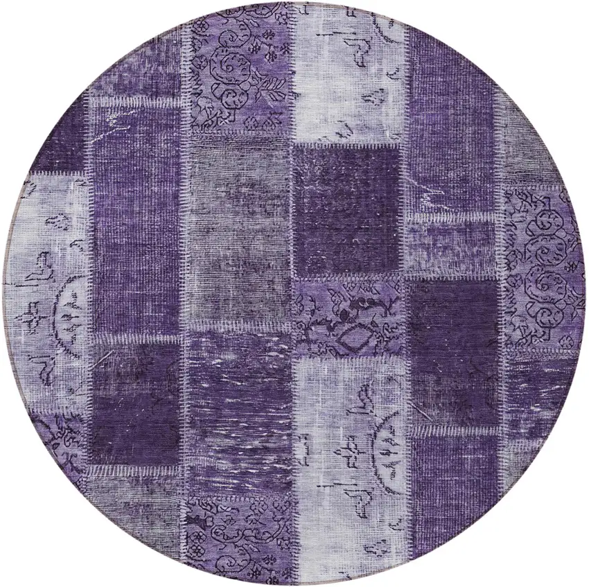 8' Purple Eggplant And Lavender Round Patchwork Washable Indoor Outdoor Area Rug Photo 5