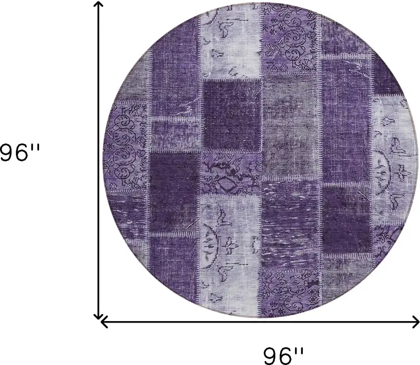 8' Purple Eggplant And Lavender Round Patchwork Washable Indoor Outdoor Area Rug Photo 8