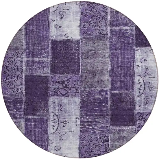8' Purple Eggplant And Lavender Round Patchwork Washable Indoor Outdoor Area Rug Photo 1