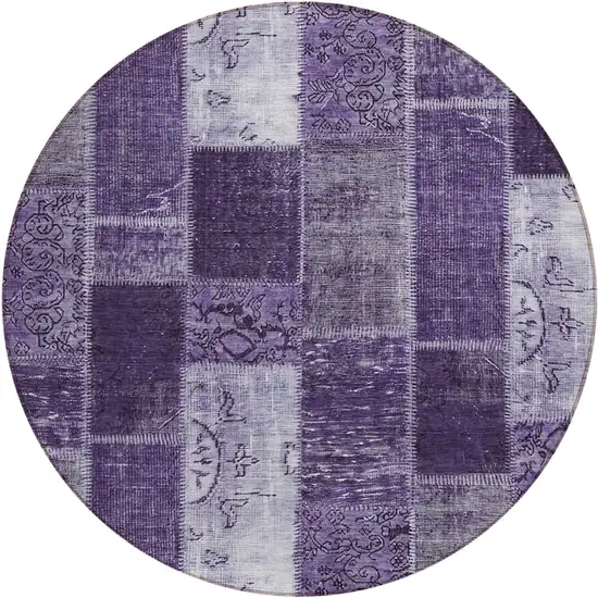 8' Purple Eggplant And Lavender Round Patchwork Washable Indoor Outdoor Area Rug Photo 1