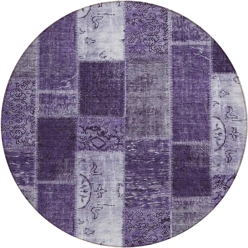 8' Purple Eggplant And Lavender Round Patchwork Washable Indoor Outdoor Area Rug Photo 1