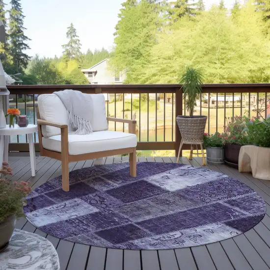 8' Purple Eggplant And Lavender Round Patchwork Washable Indoor Outdoor Area Rug Photo 6