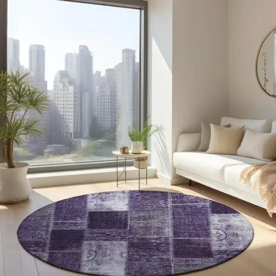 8' Purple Eggplant And Lavender Round Patchwork Washable Indoor Outdoor Area Rug Photo 7