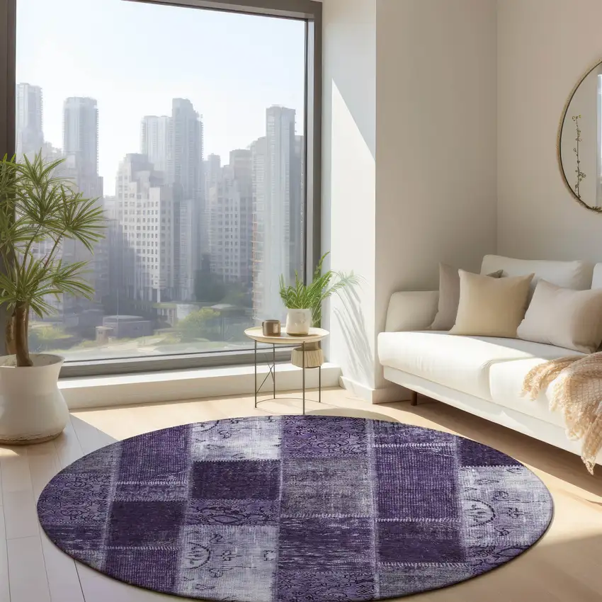 8' Purple Eggplant And Lavender Round Patchwork Washable Indoor Outdoor Area Rug Photo 7