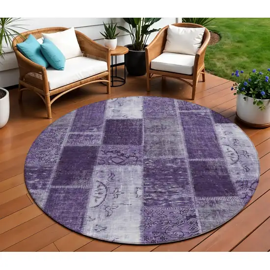8' Purple Eggplant And Lavender Round Patchwork Washable Indoor Outdoor Area Rug Photo 1