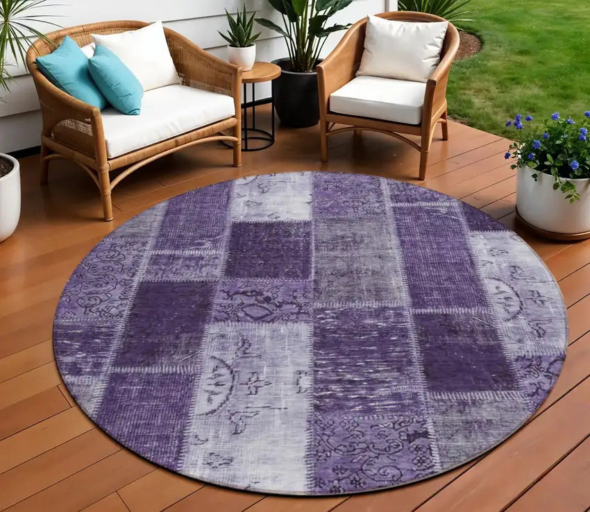 8' Purple Eggplant And Lavender Round Patchwork Washable Indoor Outdoor Area Rug Photo 1