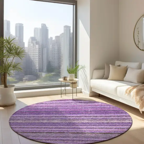 8' Purple Eggplant And Lilac Round Striped Washable Indoor Outdoor Area Rug Photo 7
