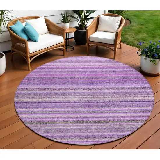 8' Purple Eggplant And Lilac Round Striped Washable Indoor Outdoor Area Rug Photo 1