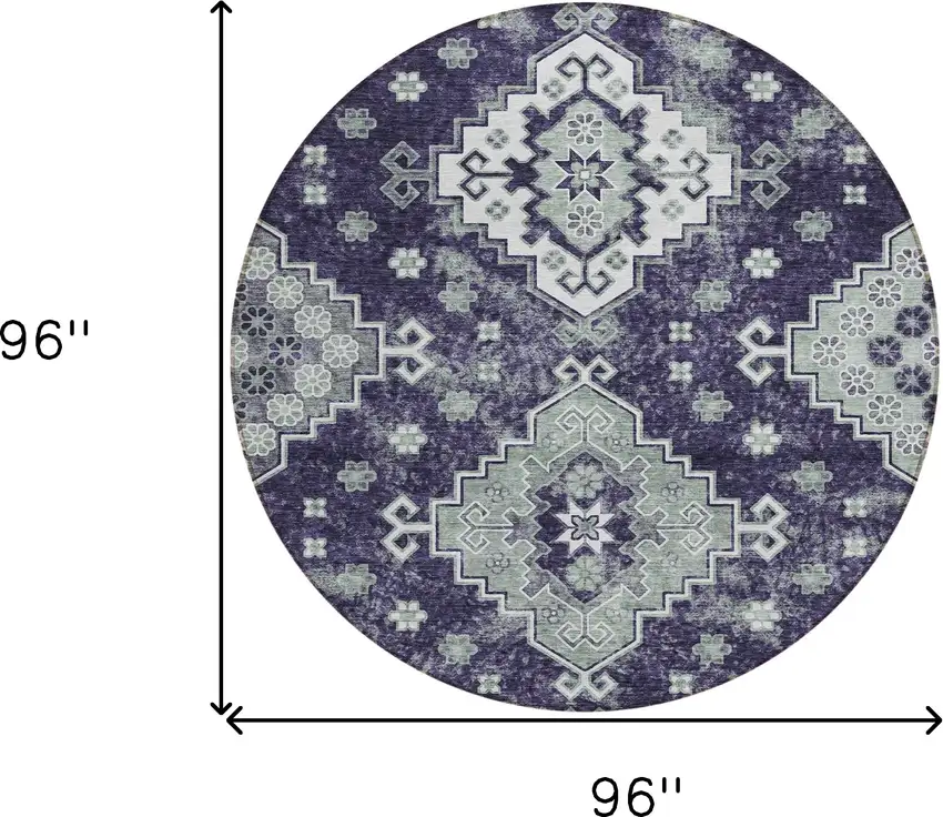 8' Purple Eggplant And Sage Round Medallion Washable Indoor Outdoor Area Rug Photo 3