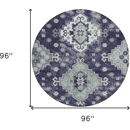 8' Purple Eggplant And Sage Round Medallion Washable Indoor Outdoor Area Rug Photo 3
