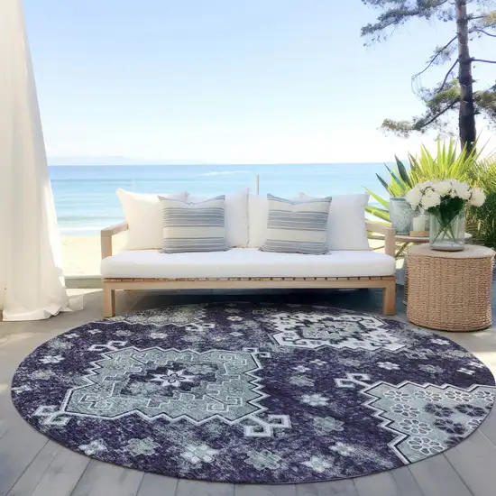 8' Purple Eggplant And Sage Round Medallion Washable Indoor Outdoor Area Rug Photo 7