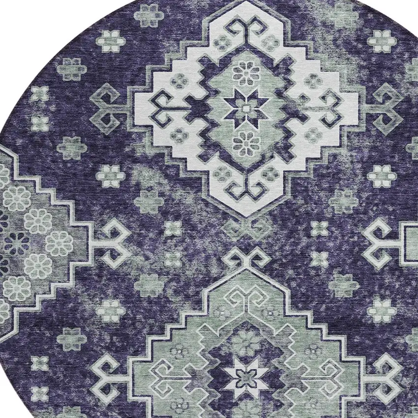 8' Purple Eggplant And Sage Round Medallion Washable Indoor Outdoor Area Rug Photo 5