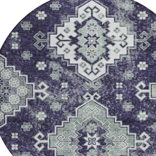 8' Purple Eggplant And Sage Round Medallion Washable Indoor Outdoor Area Rug Photo 5