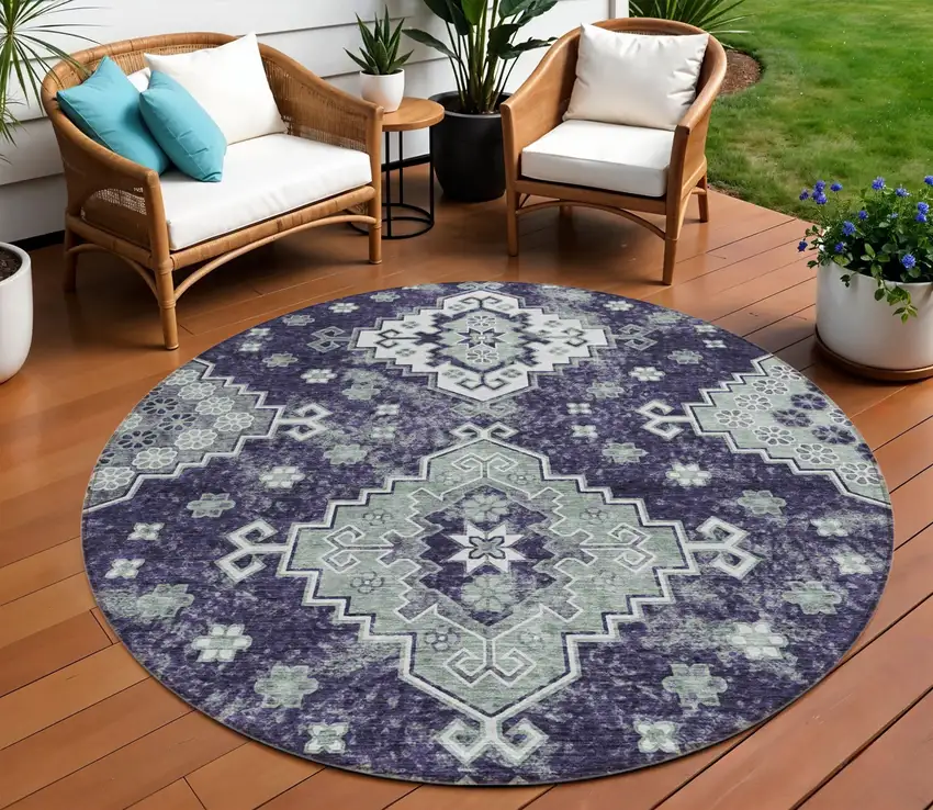 8' Purple Eggplant And Sage Round Medallion Washable Indoor Outdoor Area Rug Photo 1