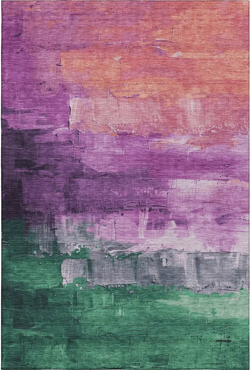 8' Purple Emerald And Coral Abstract Washable Area Rug With UV Protection Photo 1