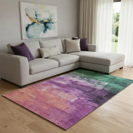 8' Purple Emerald And Coral Abstract Washable Area Rug With UV Protection Photo 2