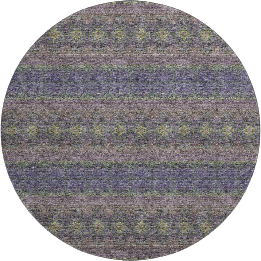 8' Purple Gold And Blue Floral Medallion Washable Round Rug With UV Protection Photo 1