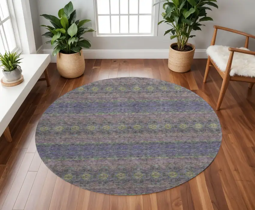 8' Purple Gold And Blue Floral Medallion Washable Round Rug With UV Protection Photo 2