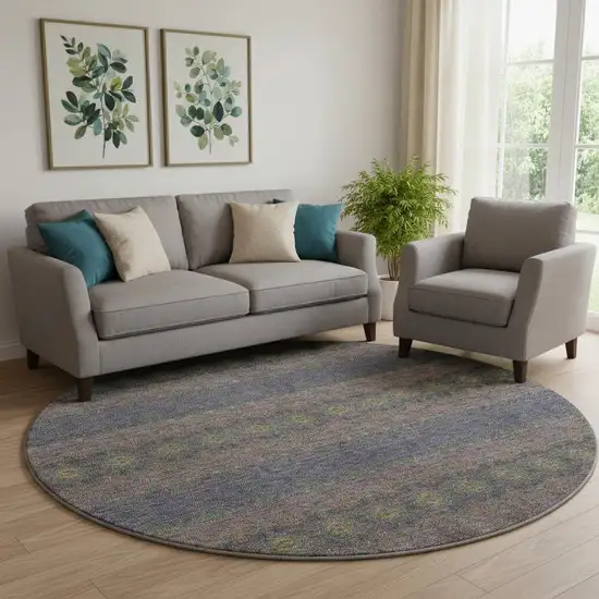 8' Purple Gold And Blue Floral Medallion Washable Round Rug With UV Protection Photo 2